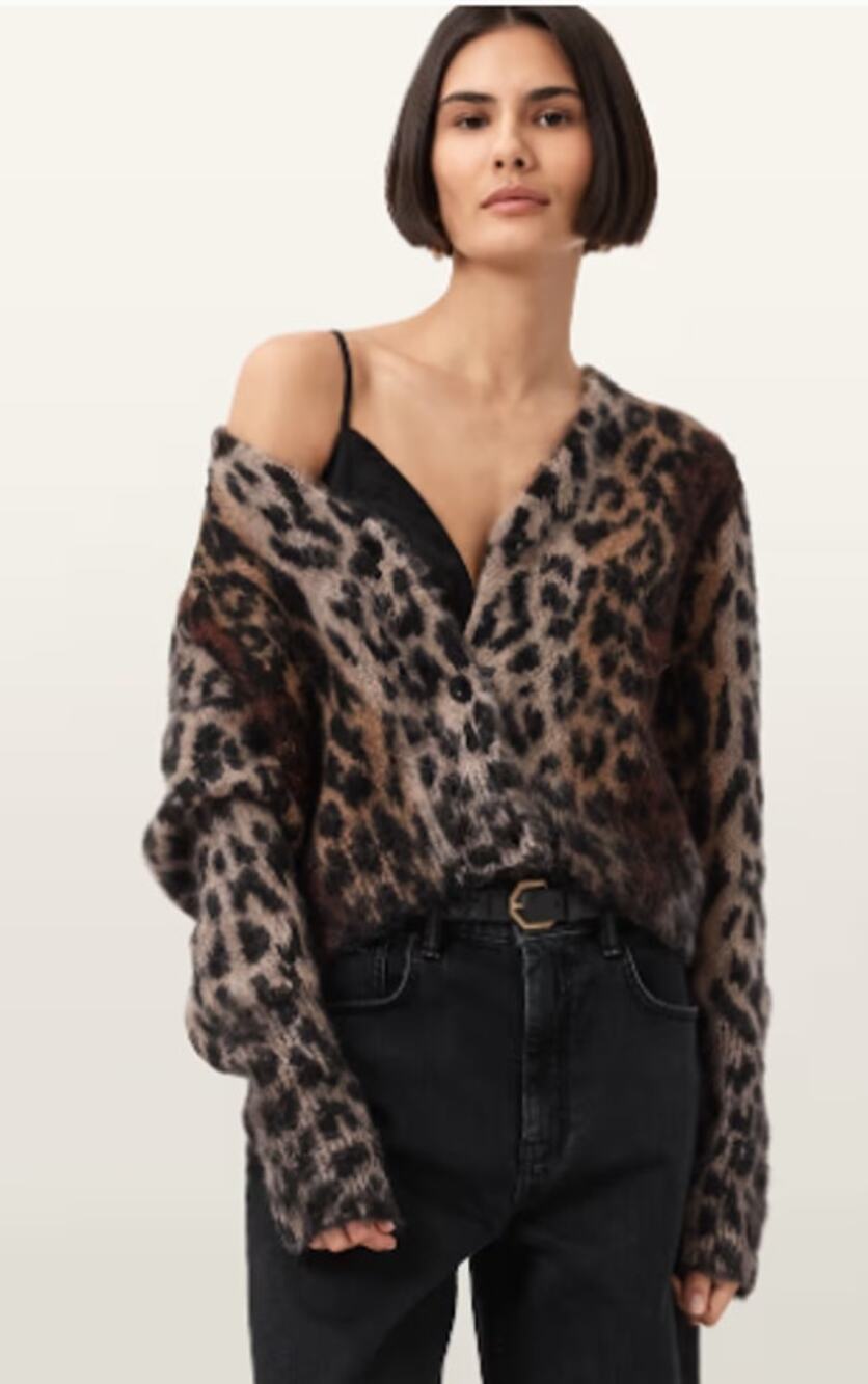 AllSaints Leopard  Wick Jacquard Cropped Cardigan Sweater Women's Small‎ Brown
